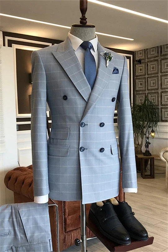 Suzhoufashion Light Blue Double Breasted Slim Fit Men Suits For Prom