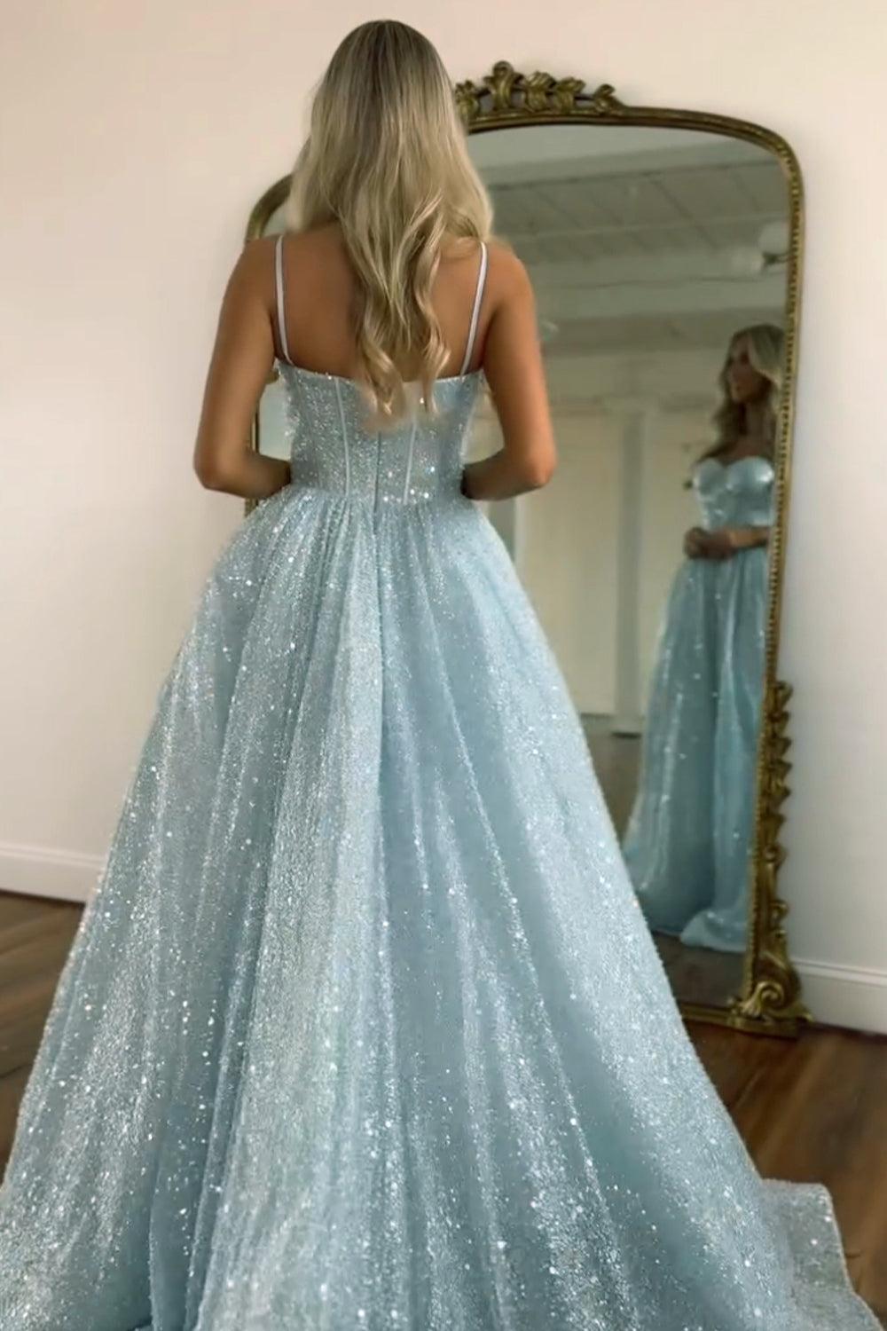 Suzhoufashion Light Blue Glitter Floor-Length Gown With Spaghetti Straps Prom Dress Formal Evening Gown
