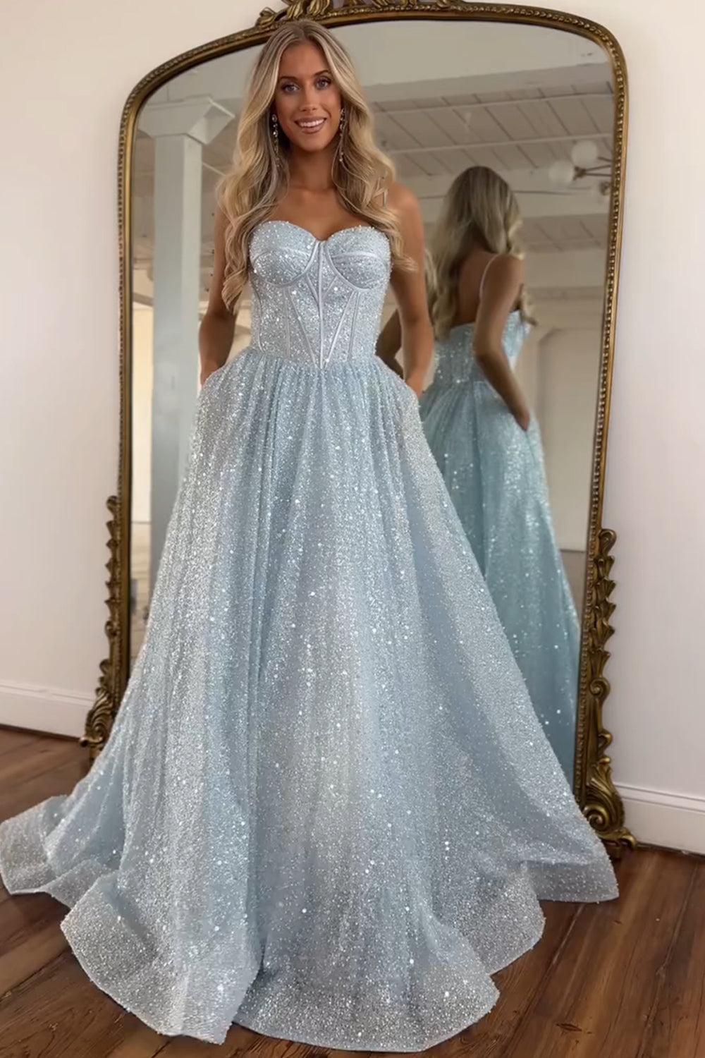 Suzhoufashion Light Blue Glitter Floor-Length Gown With Spaghetti Straps Prom Dress Formal Evening Gown
