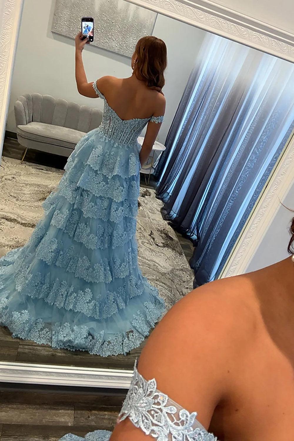 Suzhoufashion Light Blue Lace Ruffled Prom Dress Corset Off The Shoulder Long Formal Dress With Slit