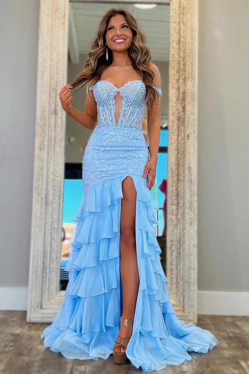 Suzhoufashion Light Blue Off Shoulder Prom Dress With Lace Up Back Ruffles And Appliques Formal Evening Gown