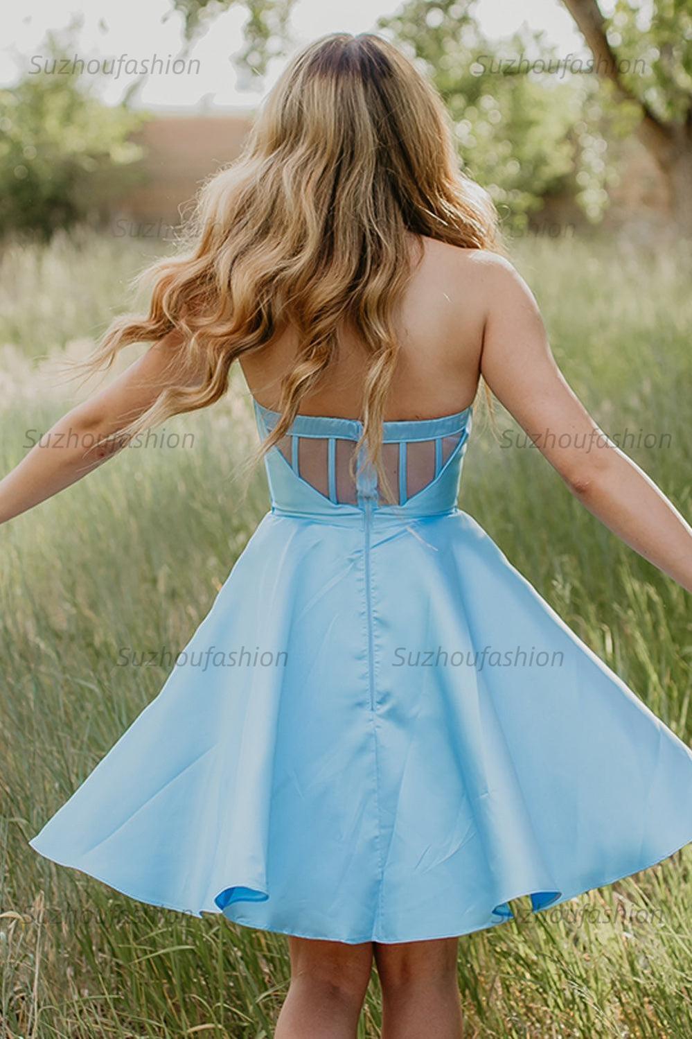 Suzhoufashion Light Blue Short Corset Strapless Homecoming Dress with Pockets