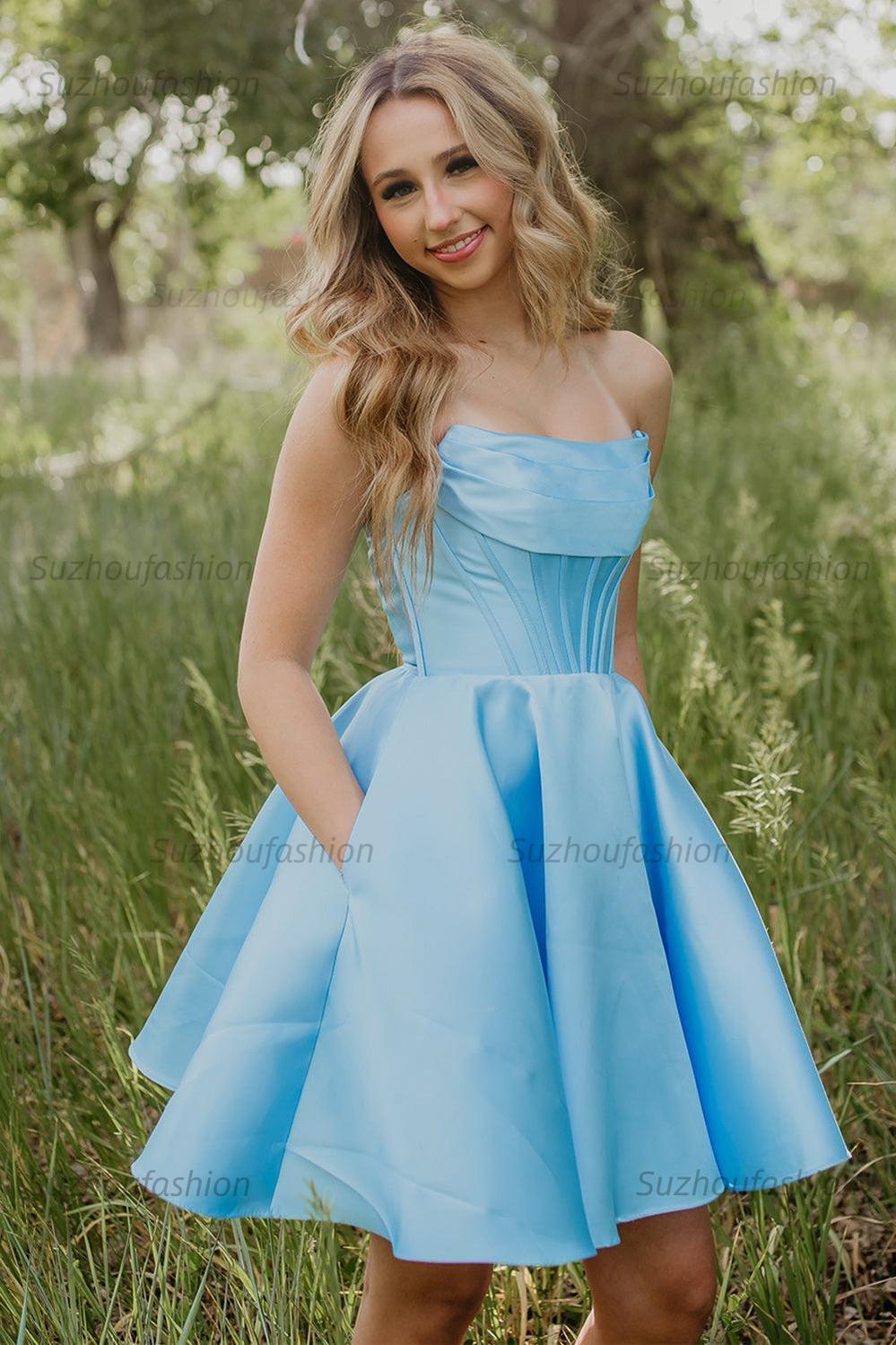 Suzhoufashion Light Blue Short Corset Strapless Homecoming Dress with Pockets