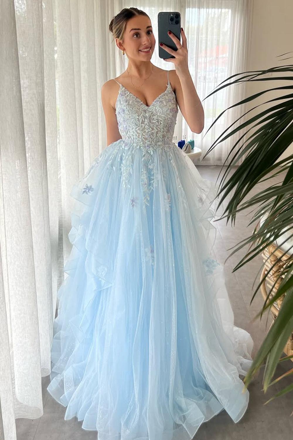 Suzhoufashion Light Blue Spaghetti Strap Prom Dress With Lace-Embroidered Bodice And Layered Tulle Skirt Formal Evening Gown