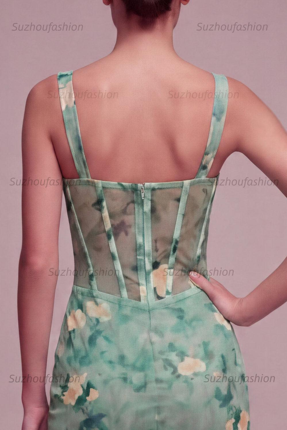 Suzhoufashion Light Green Floral Corset Tight Short Homecoming Dress with Ruffles