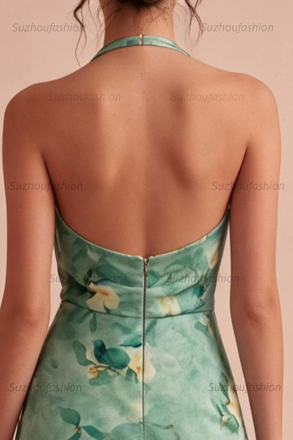Suzhoufashion Light Green Floral Halter Backless Short Homecoming Dress