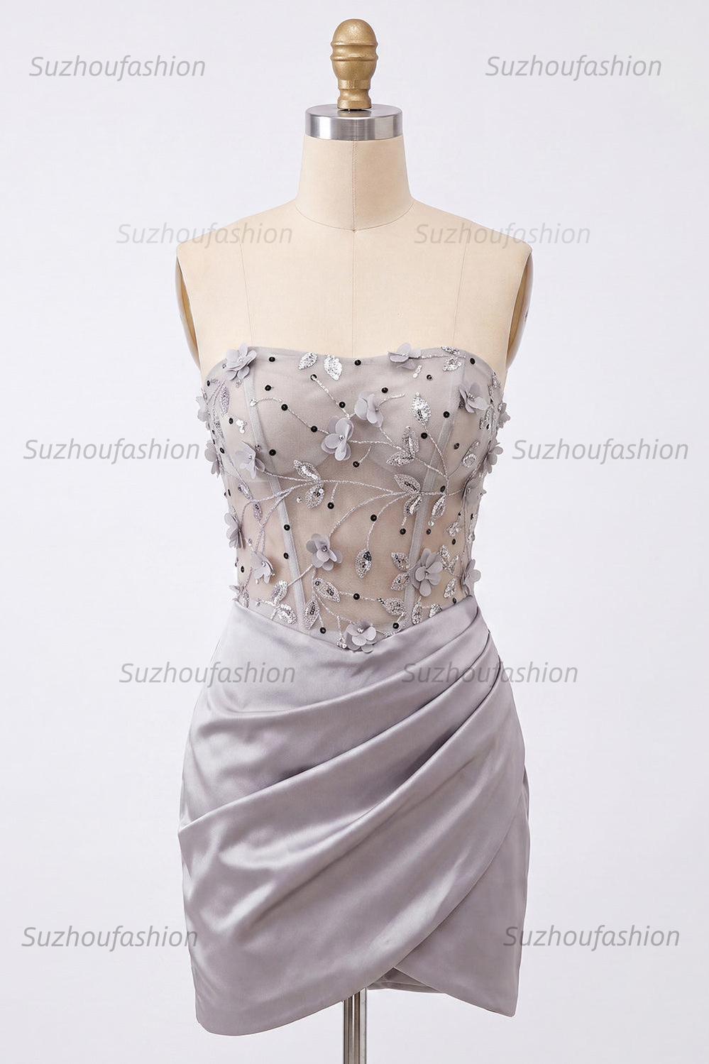 Suzhoufashion Light Grey Ruched Floral Tight Corset Short Homecoming Dress