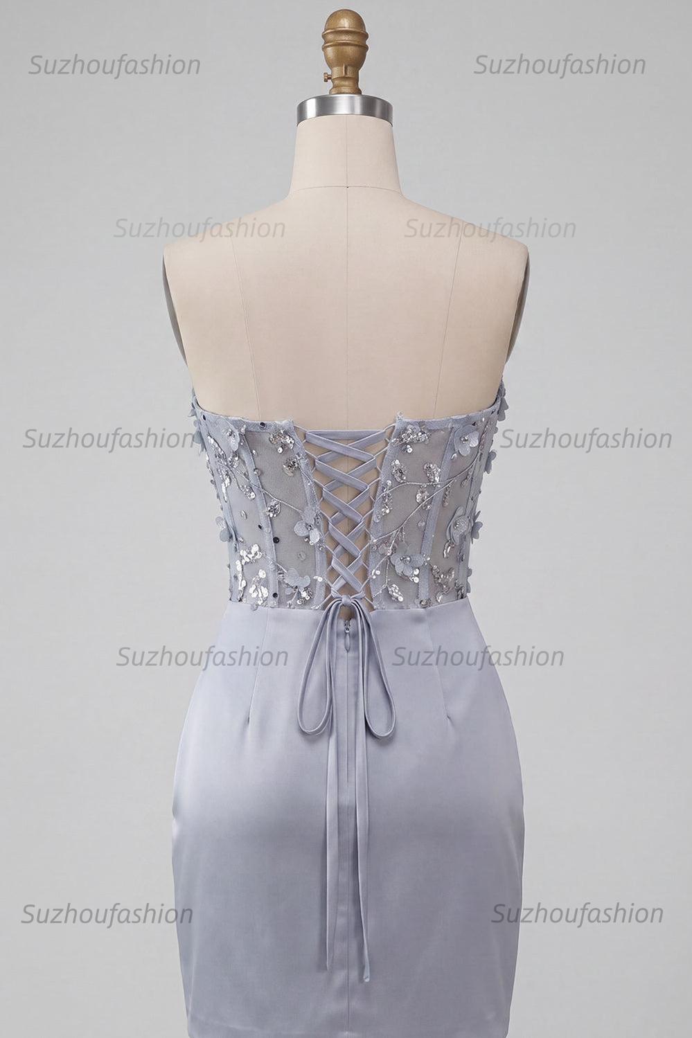 Suzhoufashion Light Grey Ruched Floral Tight Corset Short Homecoming Dress