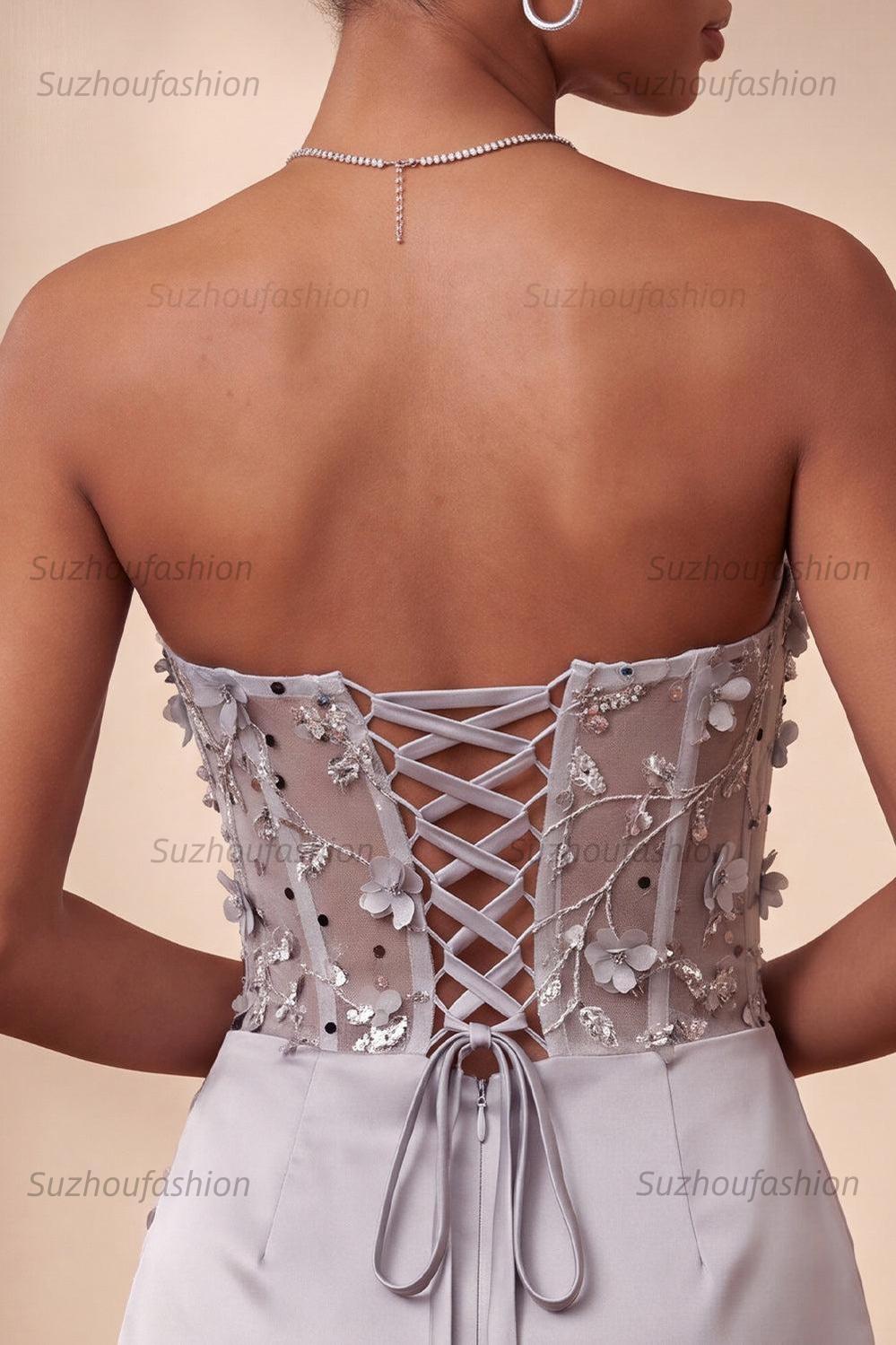 Suzhoufashion Light Grey Ruched Floral Tight Corset Short Homecoming Dress