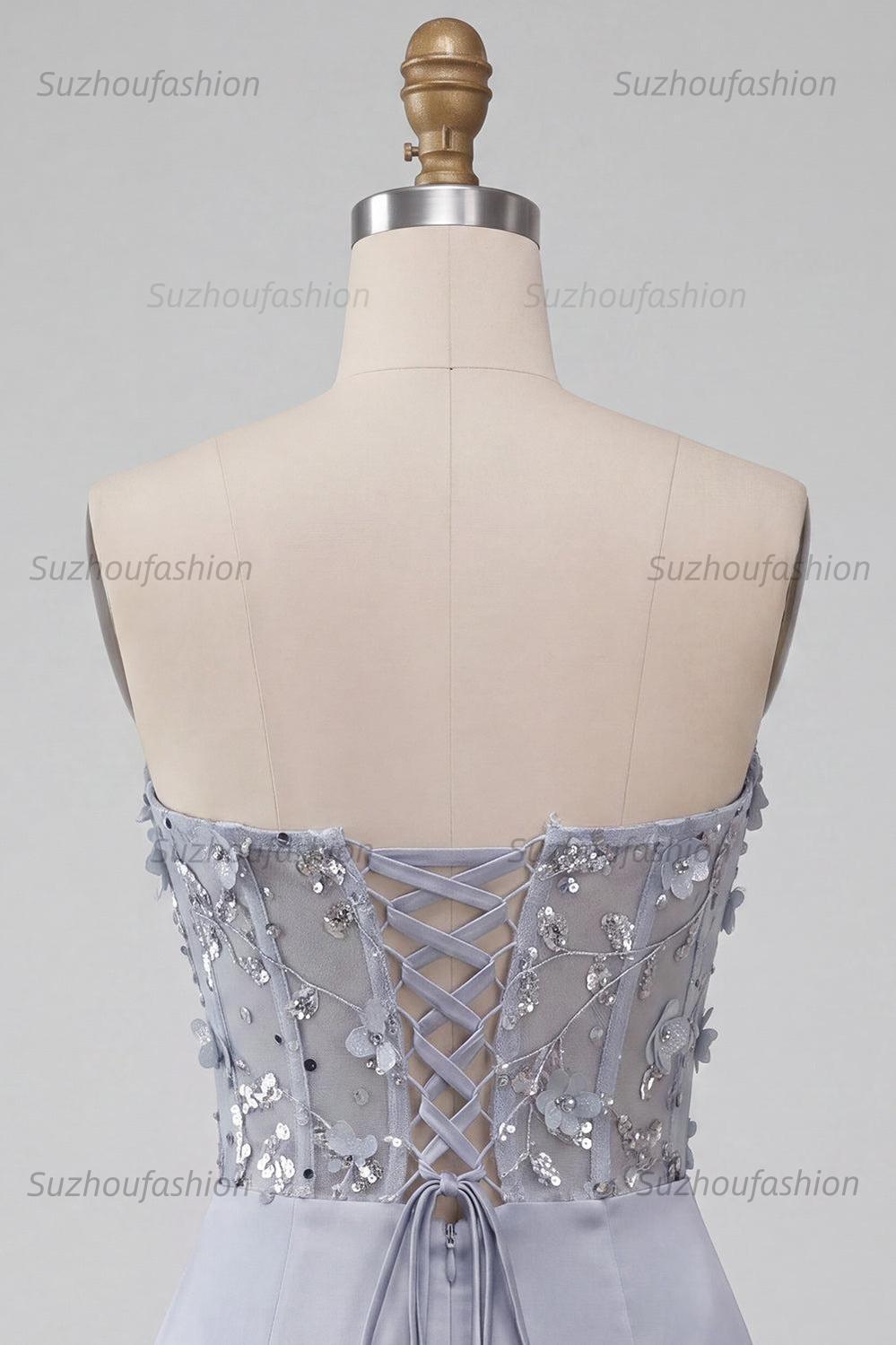 Suzhoufashion Light Grey Ruched Floral Tight Corset Short Homecoming Dress