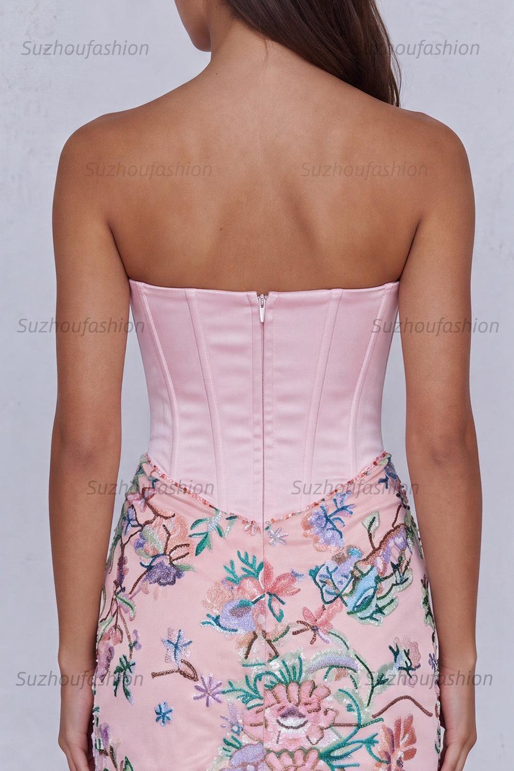 Suzhoufashion Light Pink Floral Corset Ruched Strapless Tight Short Homecoming Dress