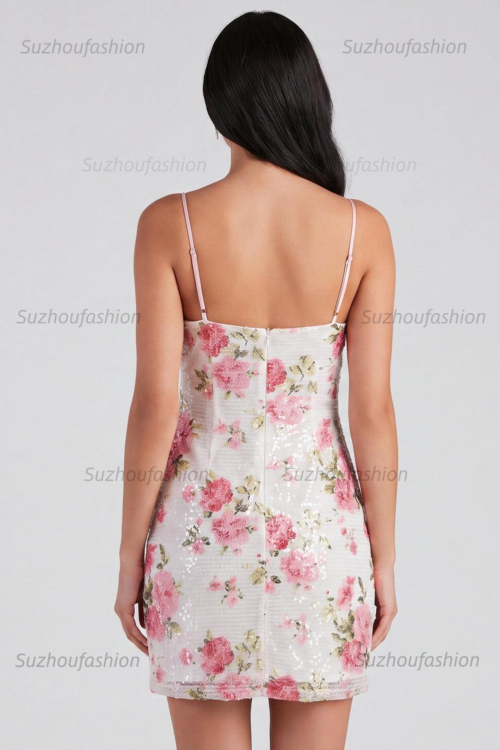 Suzhoufashion Light Pink Sequin Floral Tight Short Homecoming Dress with Bow
