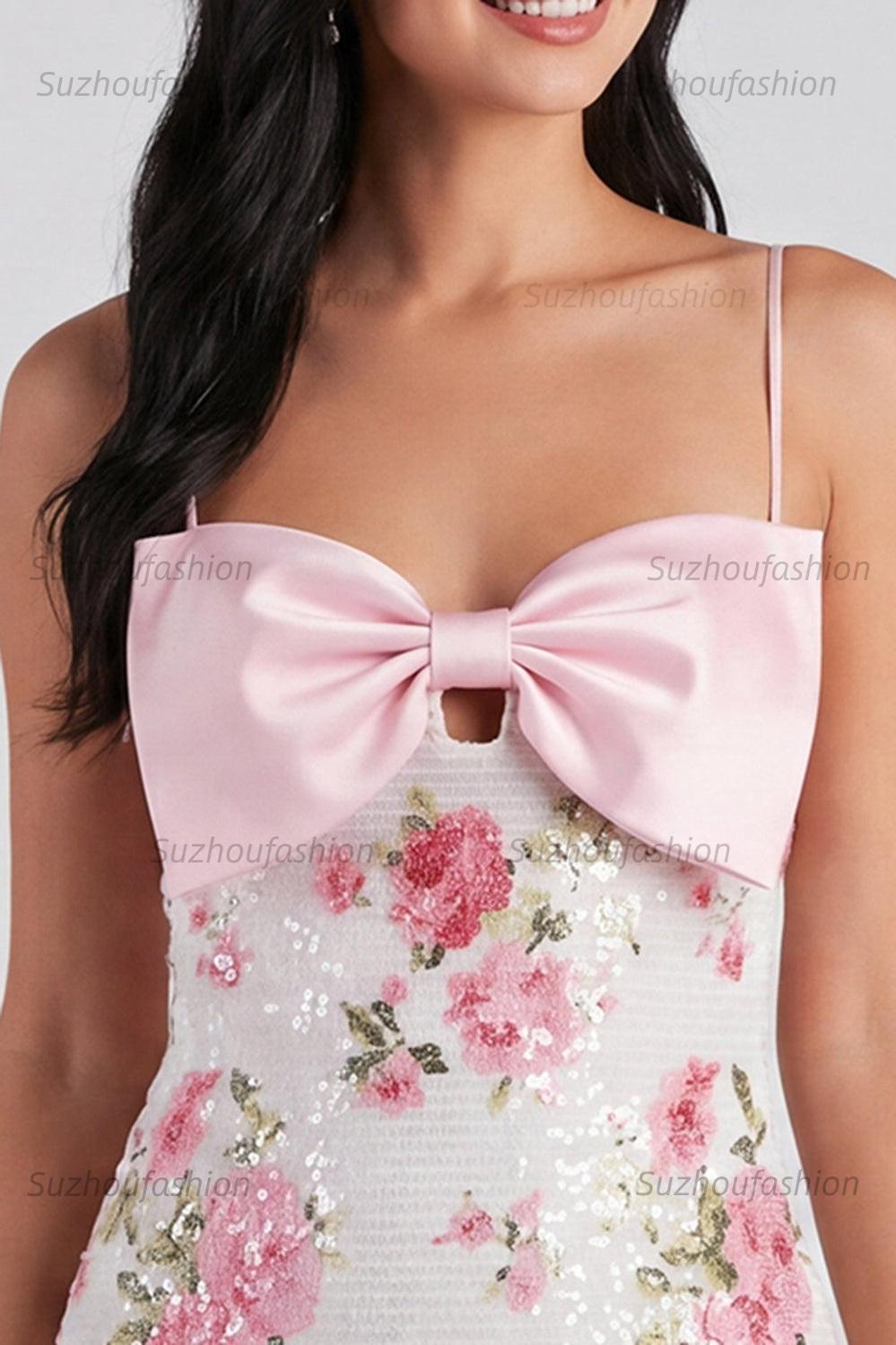 Suzhoufashion Light Pink Sequin Floral Tight Short Homecoming Dress with Bow
