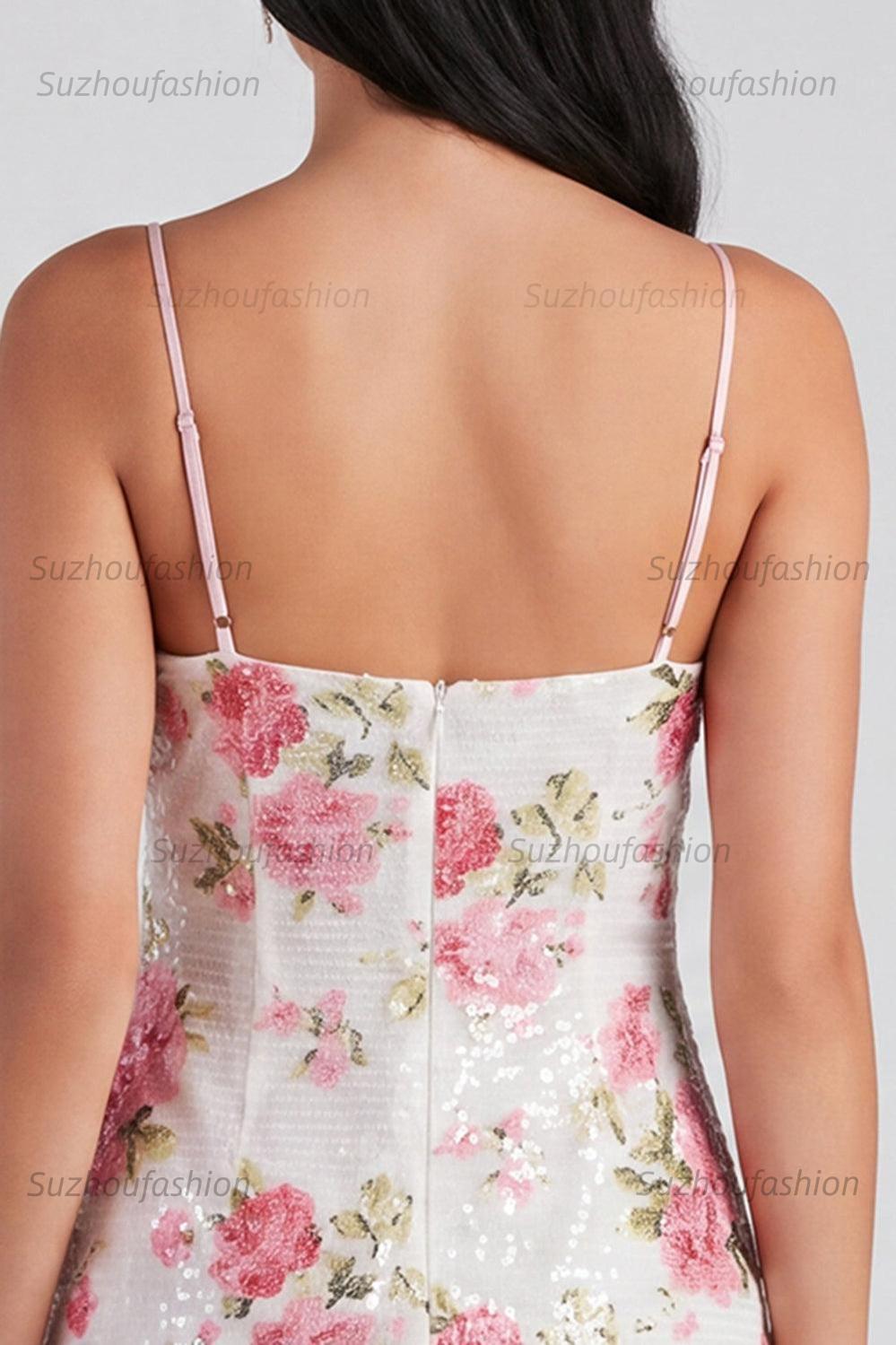 Suzhoufashion Light Pink Sequin Floral Tight Short Homecoming Dress with Bow