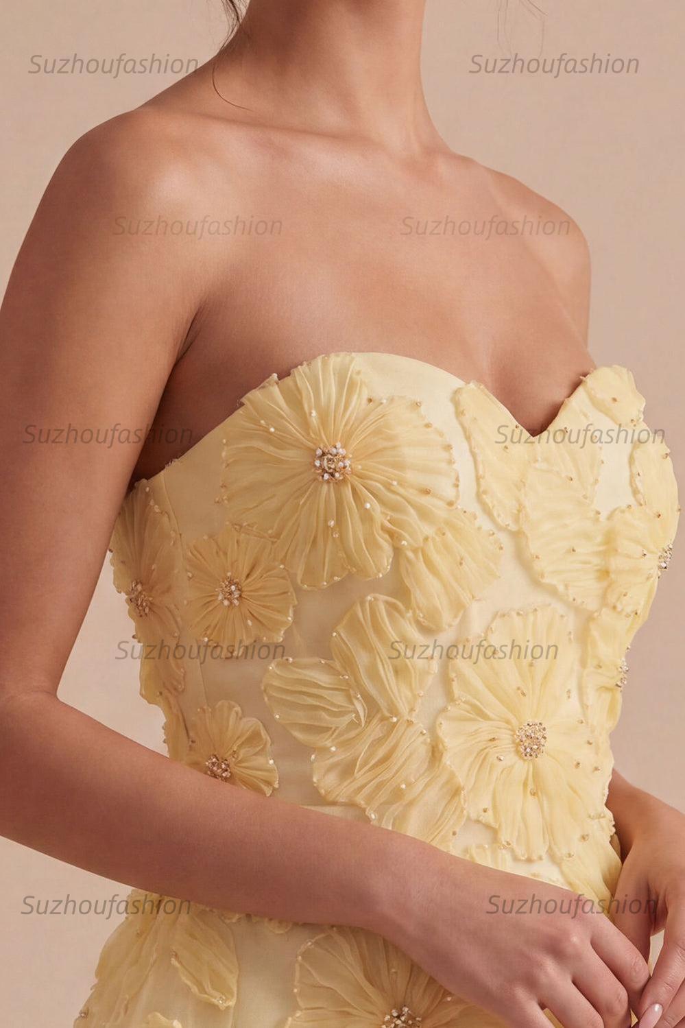 Suzhoufashion Light Yellow Beaded Floral A Line Short Homecoming Dress