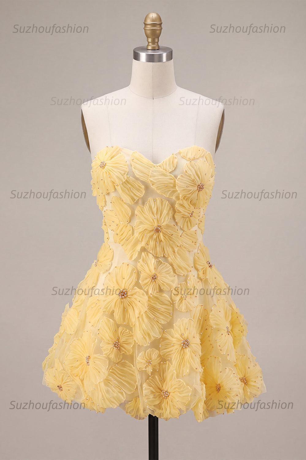 Suzhoufashion Light Yellow Beaded Floral A Line Short Homecoming Dress