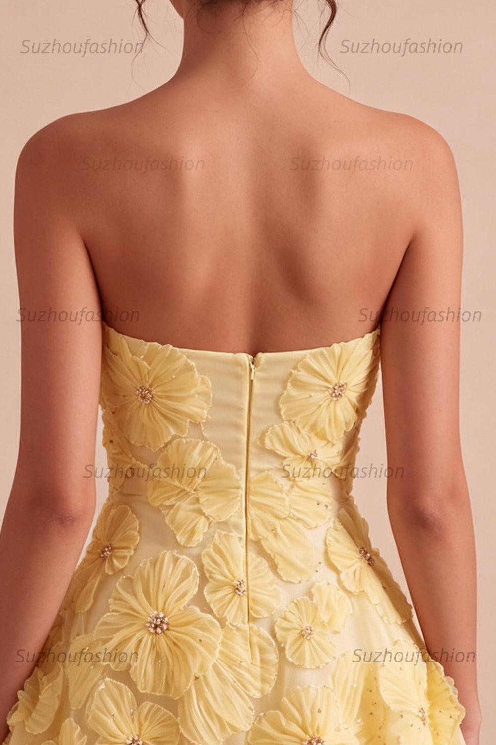 Suzhoufashion Light Yellow Beaded Floral A Line Short Homecoming Dress