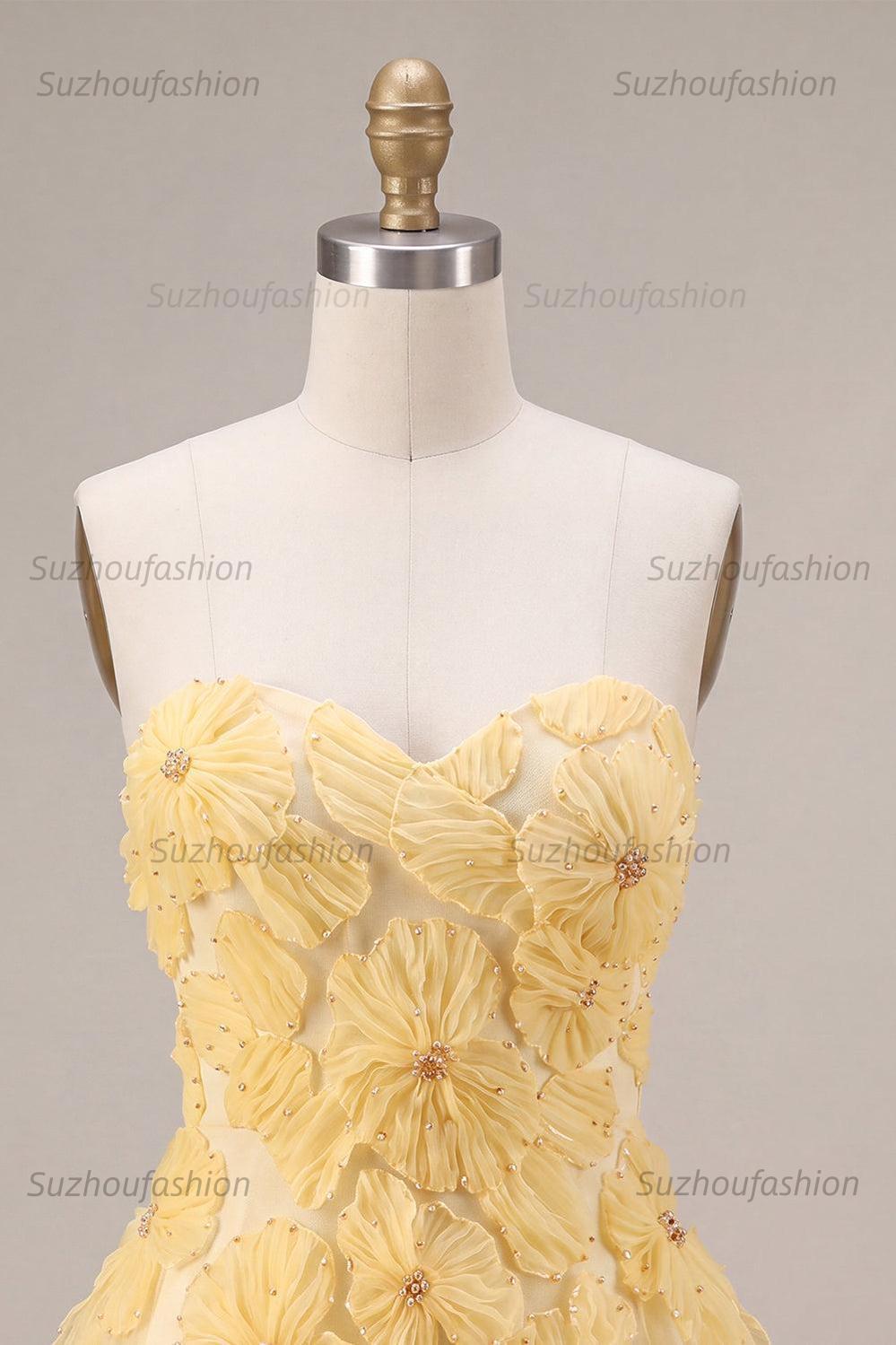 Suzhoufashion Light Yellow Beaded Floral A Line Short Homecoming Dress