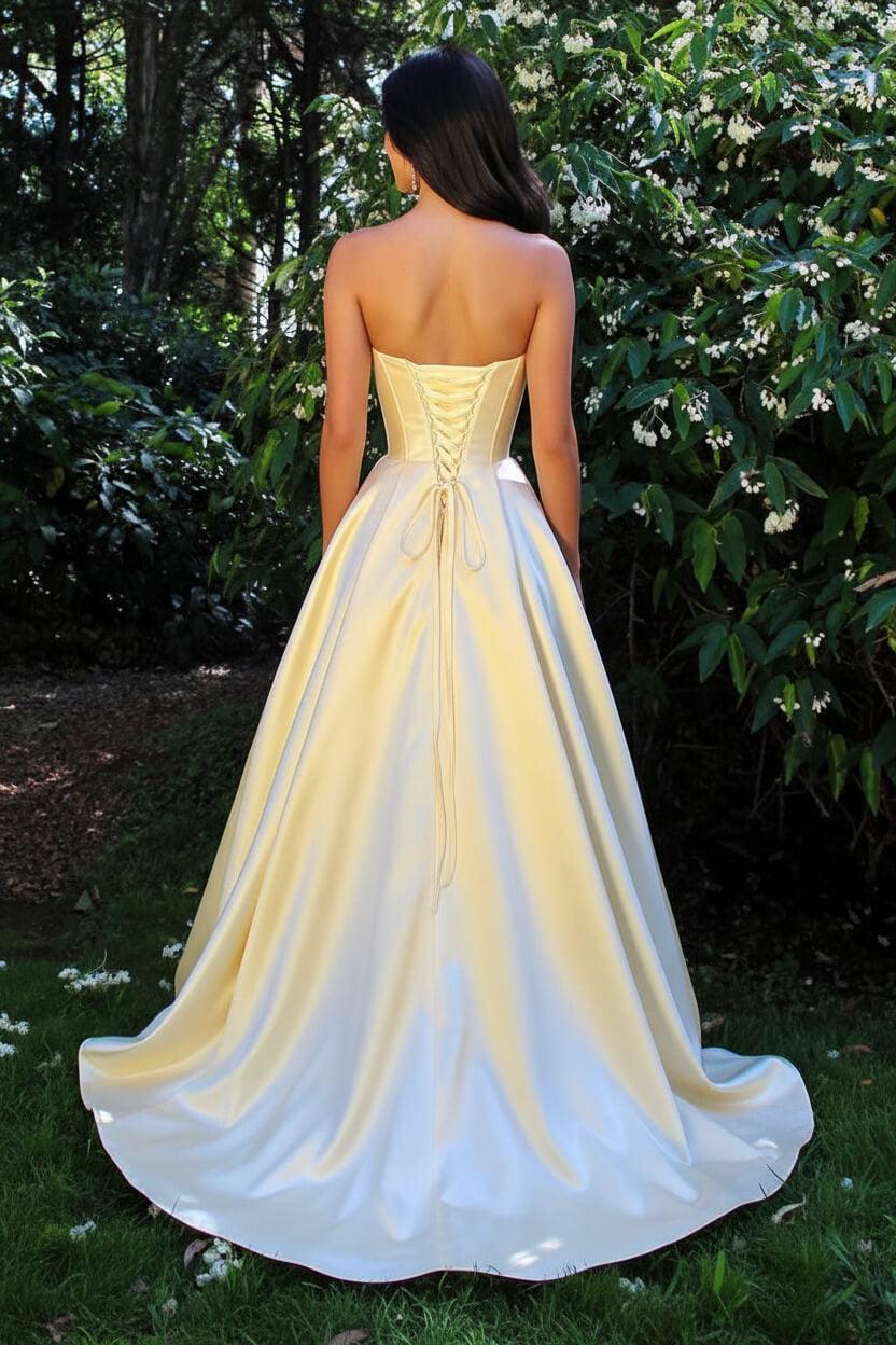 Suzhoufashion Light Yellow Strapless Satin Prom Dress With Beaded Sweetheart Neckline And High Slit Formal Evening Gown