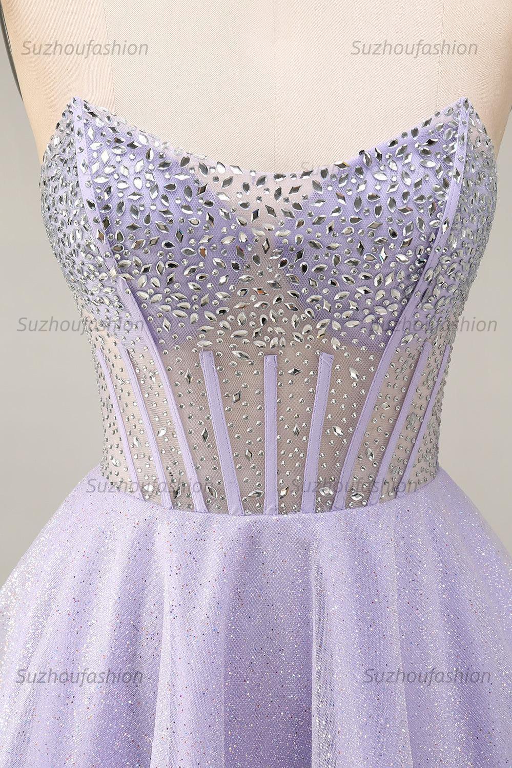 Suzhoufashion Lilac Sequin Strapless A-Line Corset Short Homecoming Dress with Beading