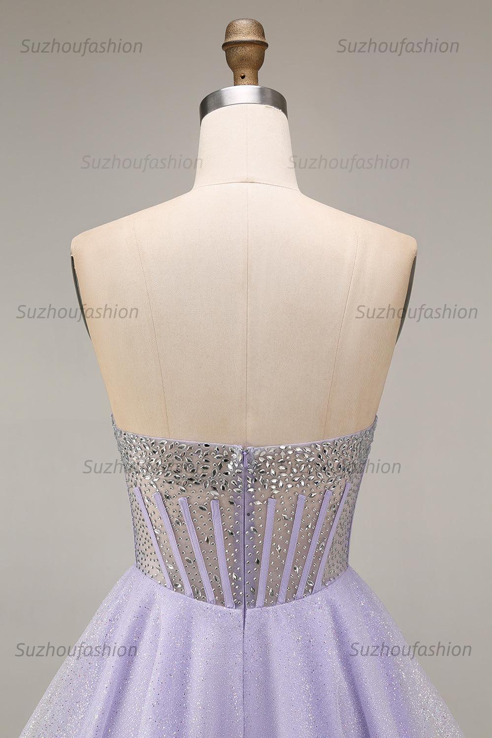 Suzhoufashion Lilac Sequin Strapless A-Line Corset Short Homecoming Dress with Beading