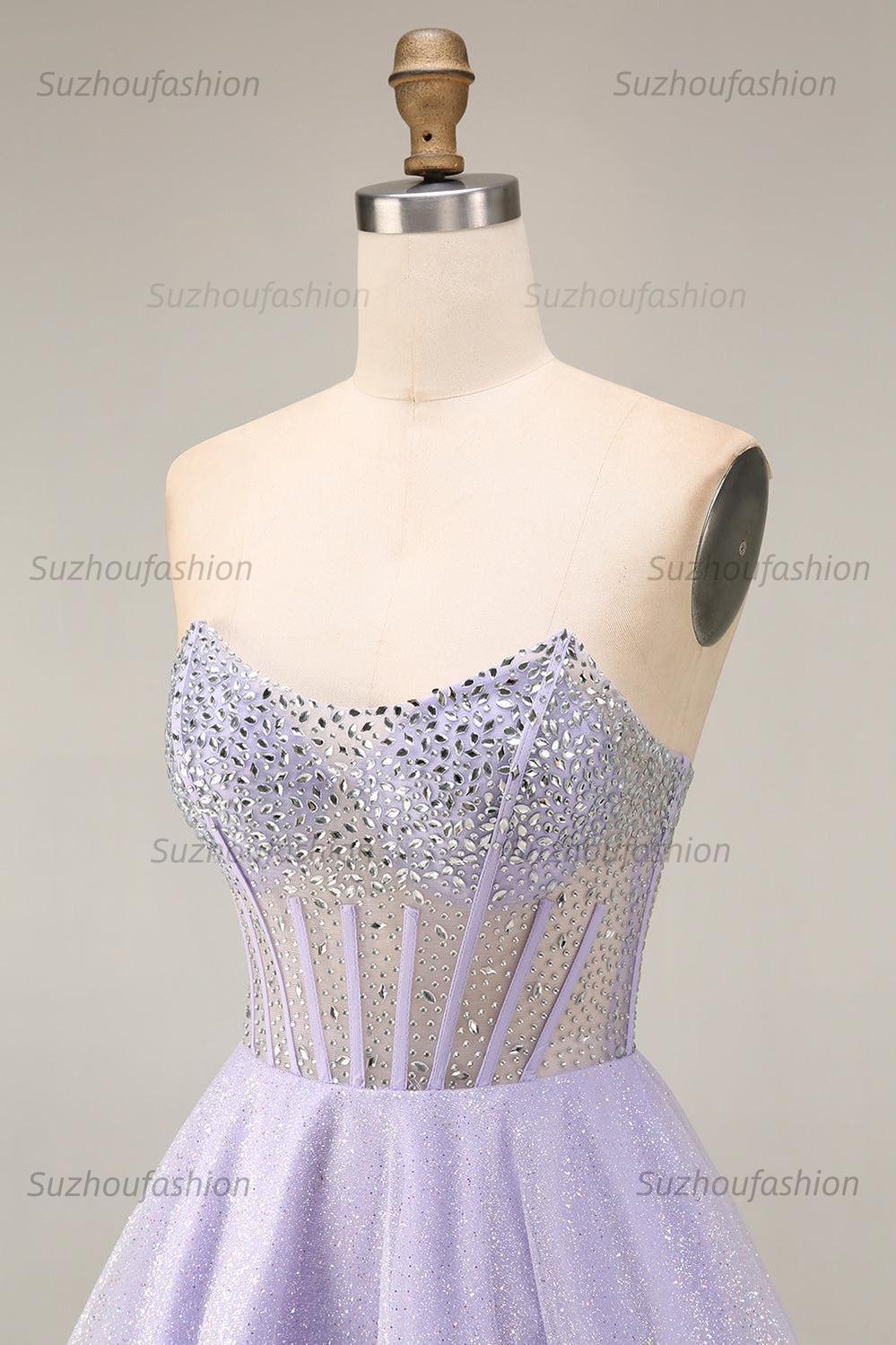 Suzhoufashion Lilac Sequin Strapless A-Line Corset Short Homecoming Dress with Beading