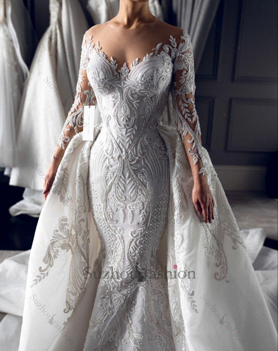 Suzhoufashion Long Sleeve Wedding Dress Ivory Mermaid Crew Neck Bridal Gown with Detachable Train