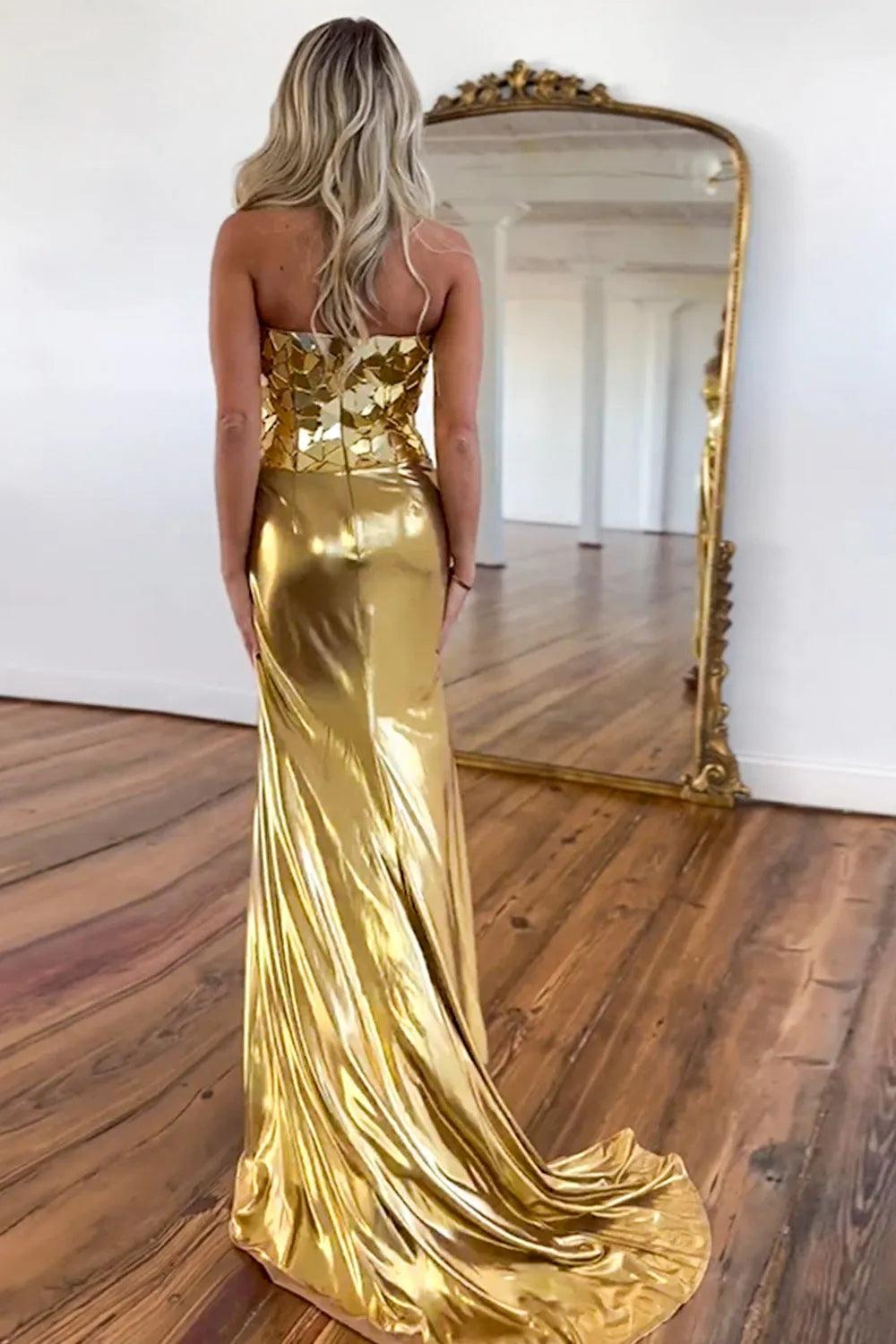 Suzhoufashion Luxury Gold Strapless Metallic Prom Dress With Mirror Top & Side Slit Formal Evening Gown