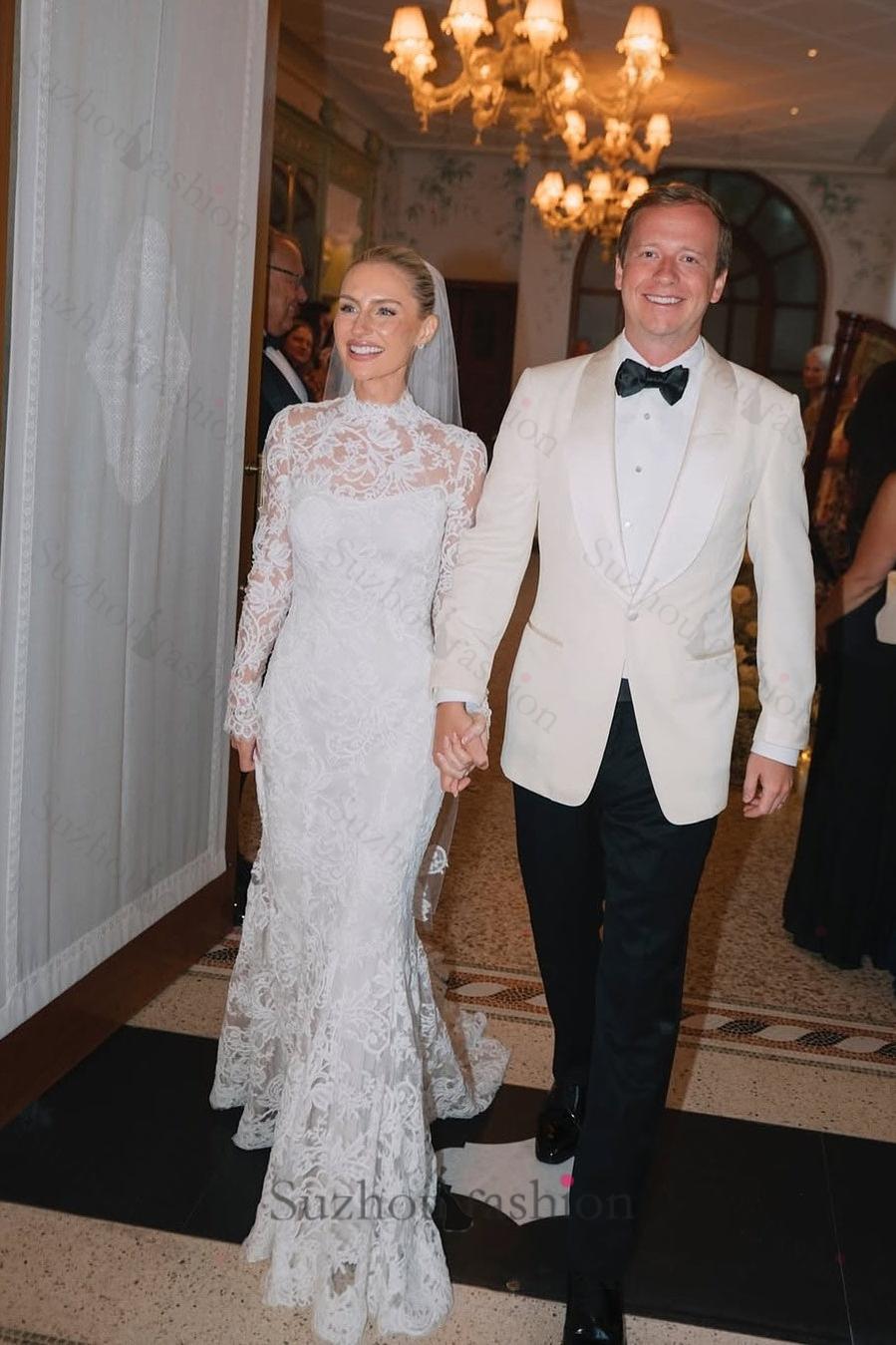 Suzhoufashion Mermaid Beach Wedding Dress Long Sleeve High Neck Lace Bridal Gown