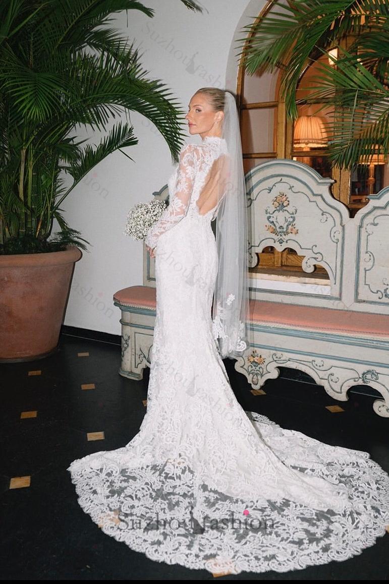 Suzhoufashion Mermaid Beach Wedding Dress Long Sleeve High Neck Lace Bridal Gown