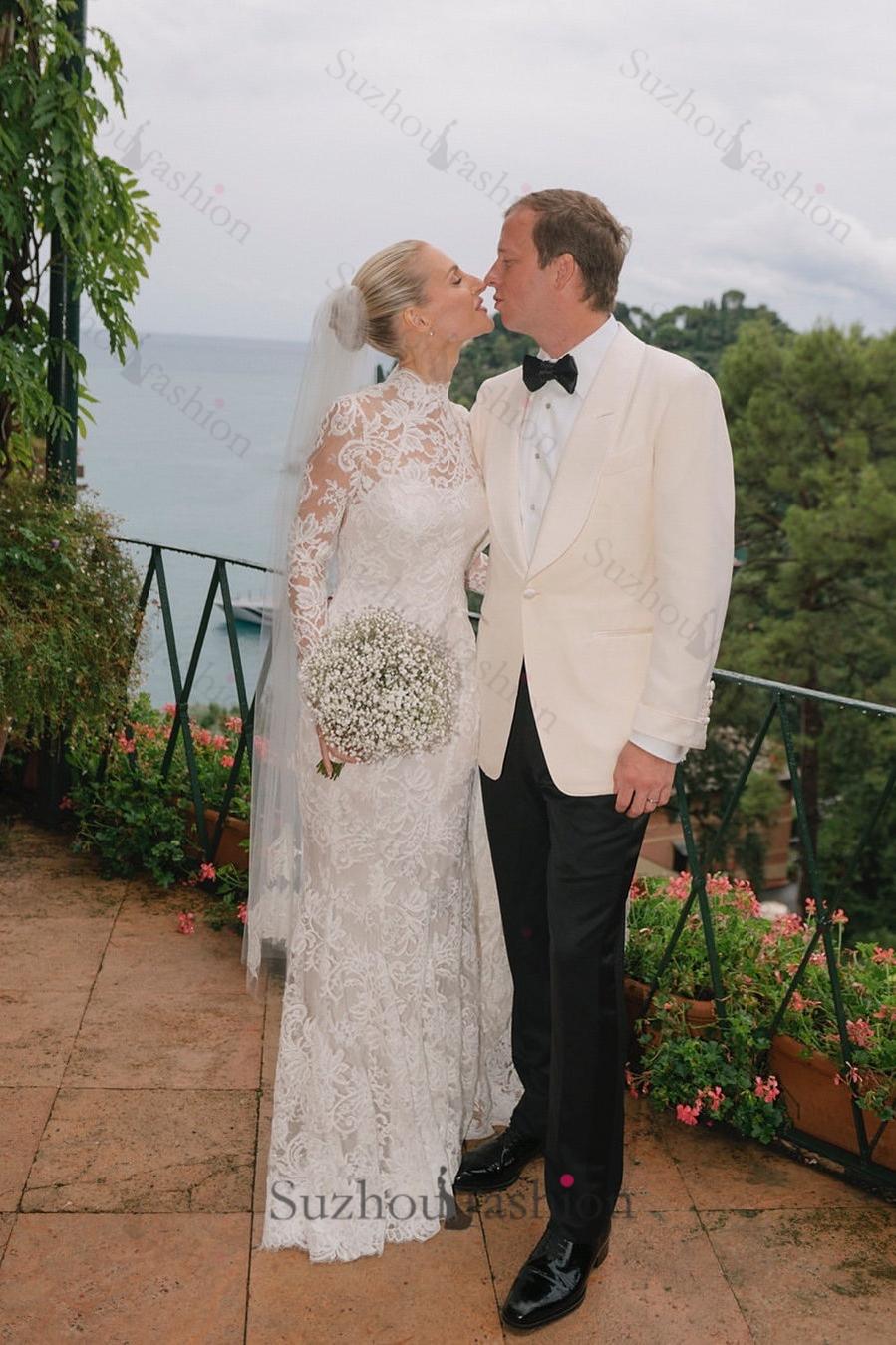 Suzhoufashion Mermaid Beach Wedding Dress Long Sleeve High Neck Lace Bridal Gown