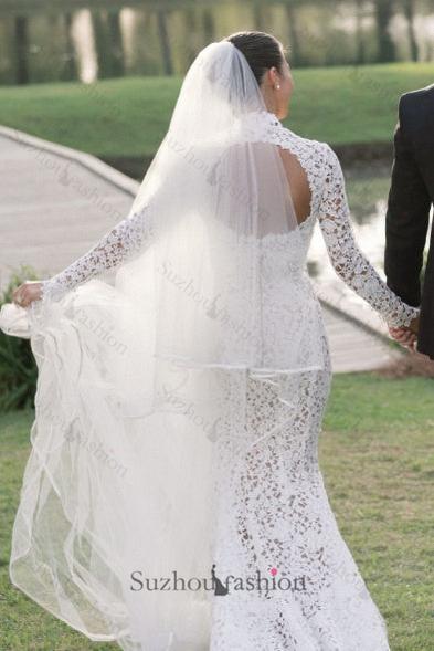 Suzhoufashion Mermaid Beach Wedding Dress Long Sleeve Lace High Neck Bridal Gown