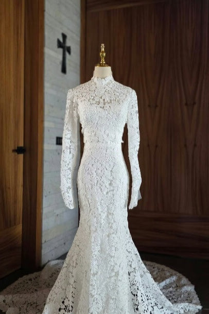 Suzhoufashion Mermaid Beach Wedding Dress Long Sleeve Lace High Neck Bridal Gown