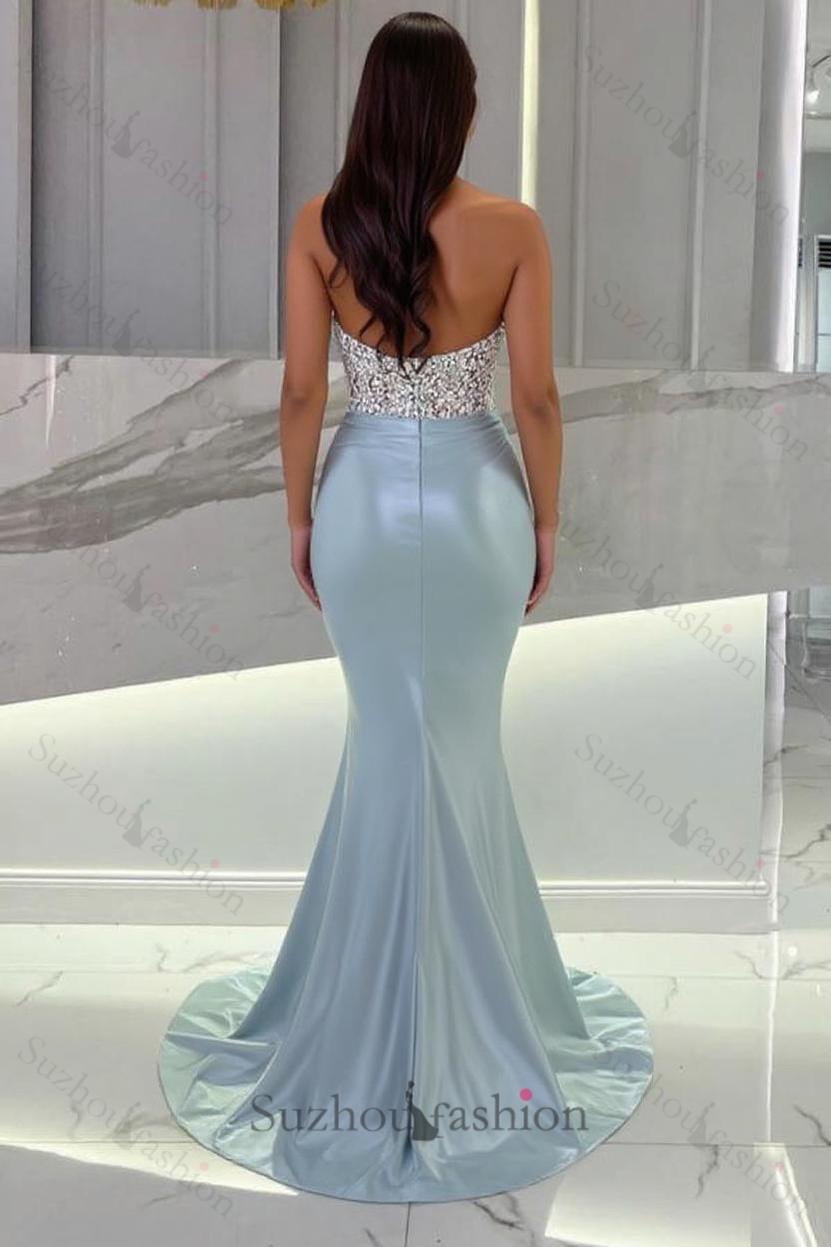 Suzhoufashion Mermaid Sky Blue Satin Sleeveless Sweetheart Long Prom Dress with Beadings