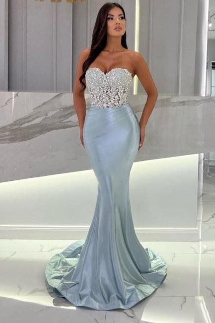 Suzhoufashion Mermaid Sky Blue Satin Sleeveless Sweetheart Long Prom Dress with Beadings