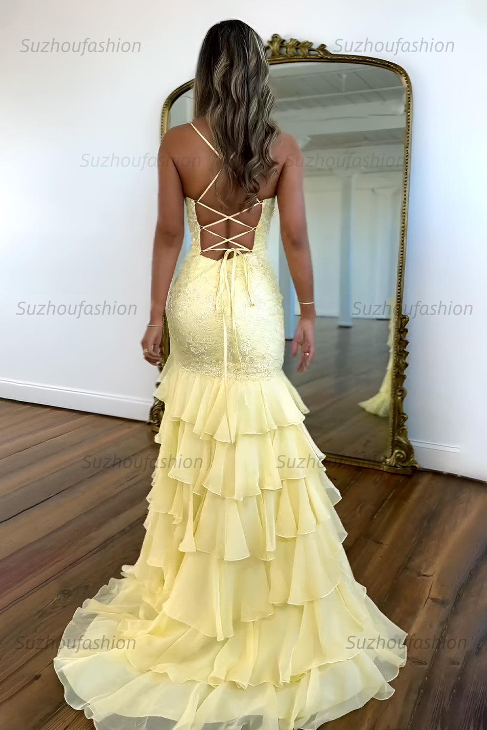 Suzhoufashion Mermaid Spaghetti Straps Lace Up Long Prom Dress With Ruffle Skirt Formal Evening Gown