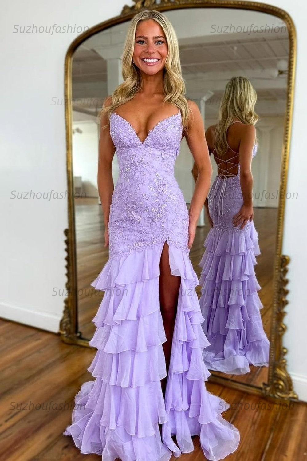 Suzhoufashion Mermaid Spaghetti Straps Lace Up Long Prom Dress With Ruffle Skirt Formal Evening Gown