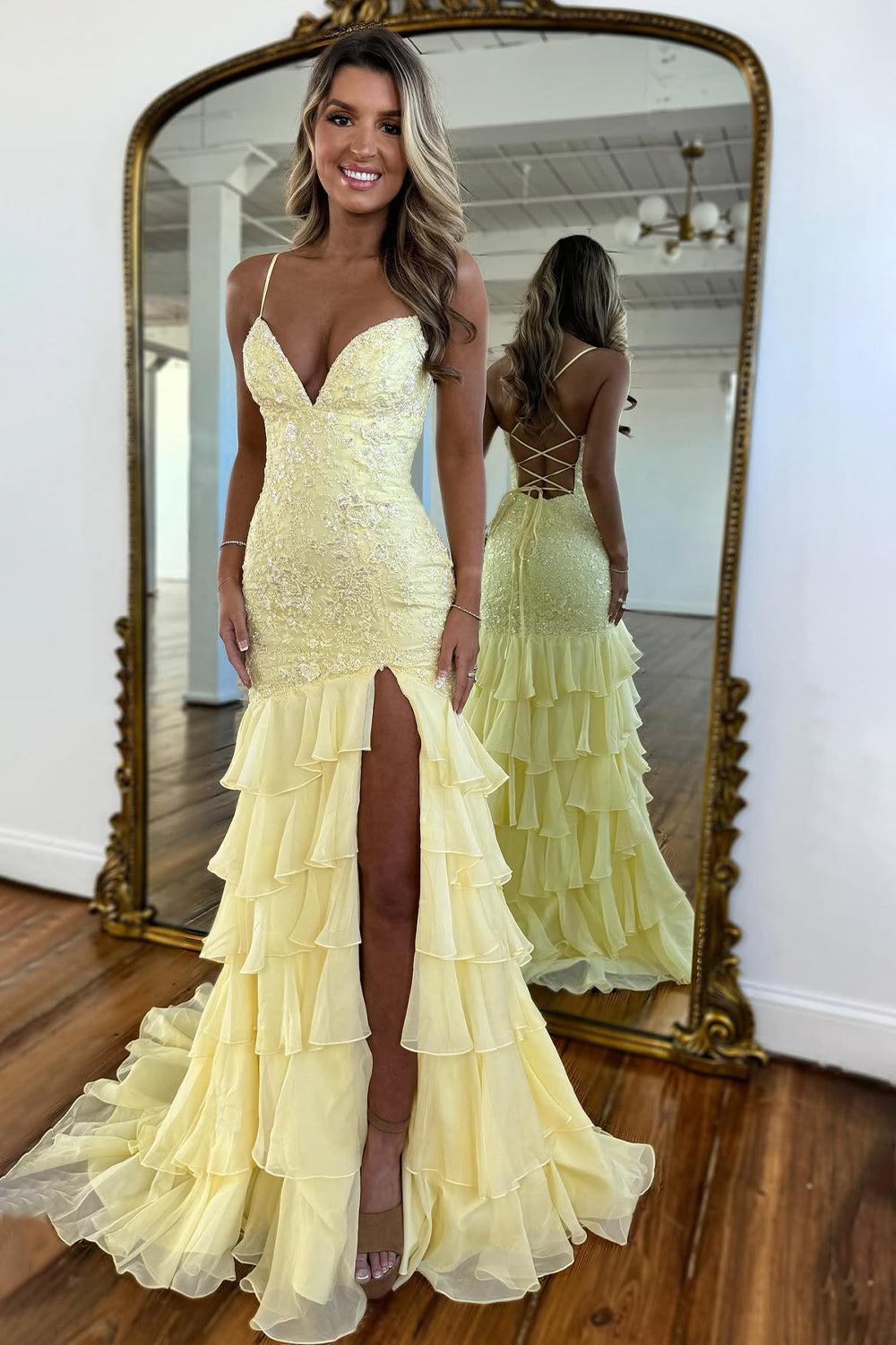 Suzhoufashion Mermaid Spaghetti Straps Lace Up Long Prom Dress With Ruffle Skirt Formal Evening Gown