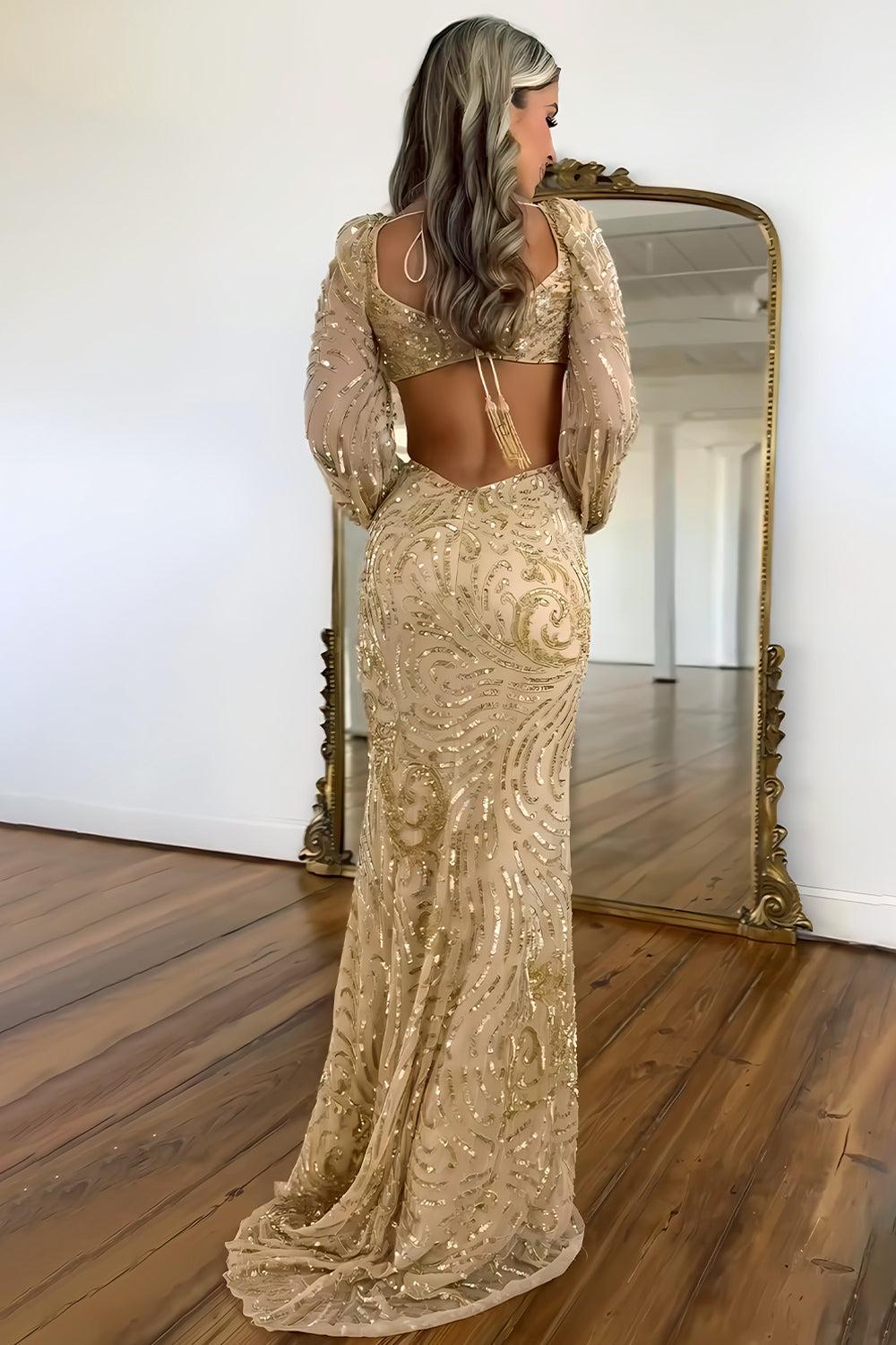 Suzhoufashion Mermaid V-Neck Sequin Long Prom Dress With Long Sleeves Formal Evening Gown