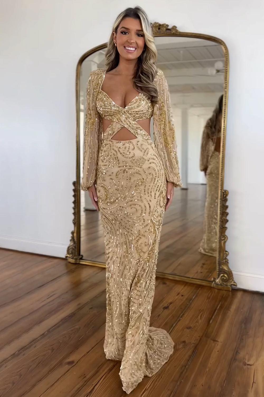 Suzhoufashion Mermaid V-Neck Sequin Long Prom Dress With Long Sleeves Formal Evening Gown