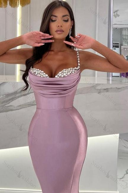 Suzhoufashion Mermaid Wisteria Ruffles Spaghetti Straps Long Sweetheart Satin Sleeveless Prom Dresses with Beadings