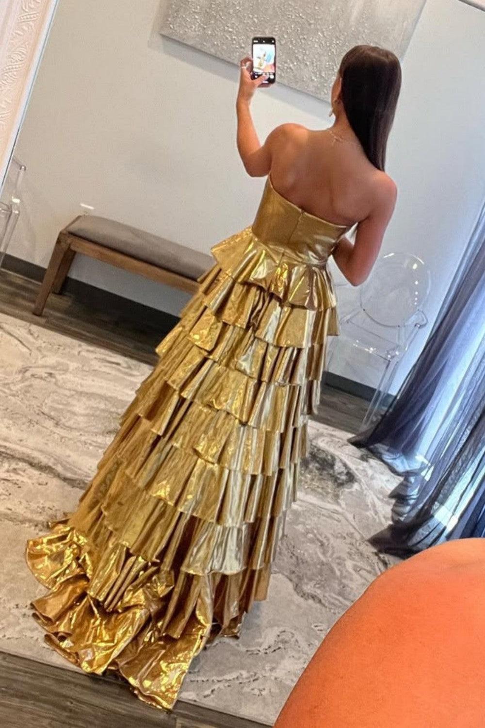 Suzhoufashion Metallic Gold A-Line Sweetheart Long Tiered Ruffle Prom Gown Formal Evening Gown
