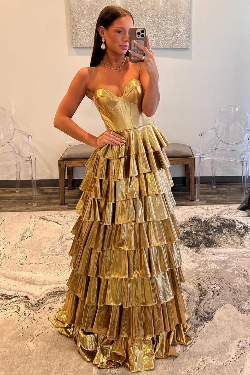 Suzhoufashion Metallic Gold A-Line Sweetheart Long Tiered Ruffle Prom Gown Formal Evening Gown