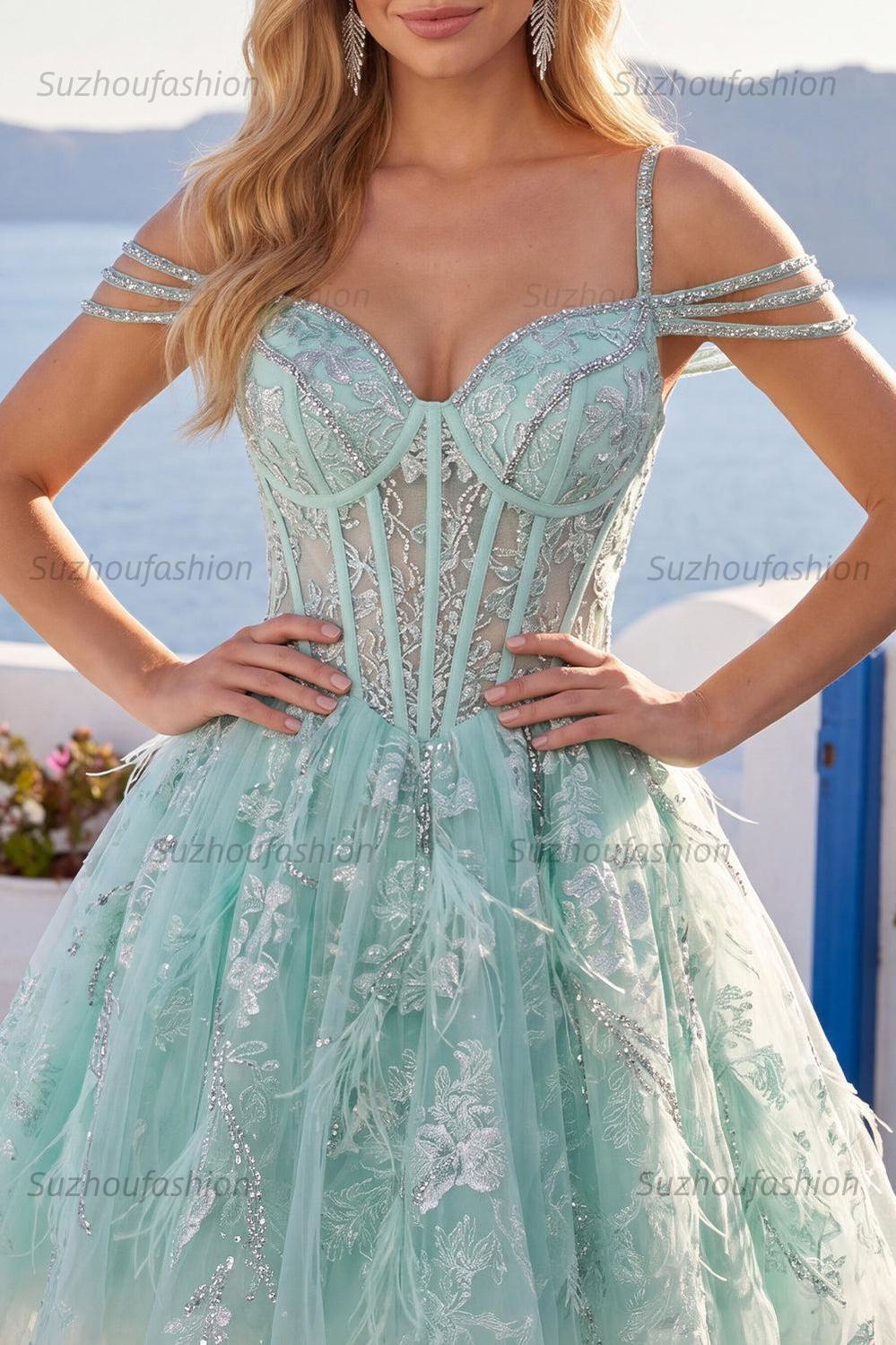Suzhoufashion Mint Cold-Shoulder Floral Beaded A-Line Corset Short Homecoming Dress
