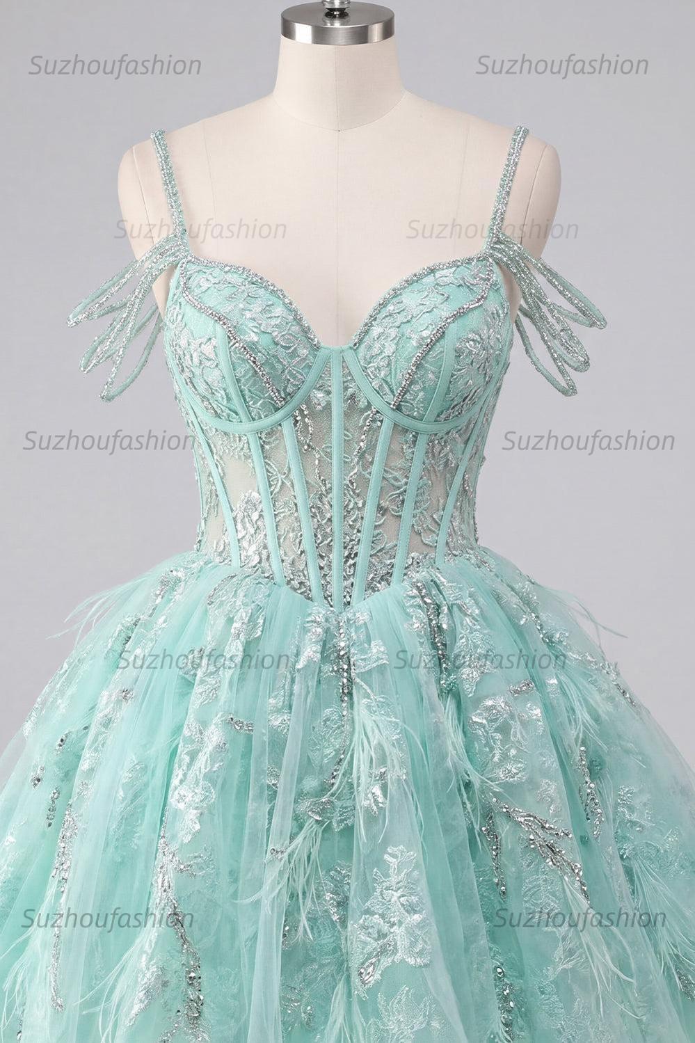 Suzhoufashion Mint Cold-Shoulder Floral Beaded A-Line Corset Short Homecoming Dress