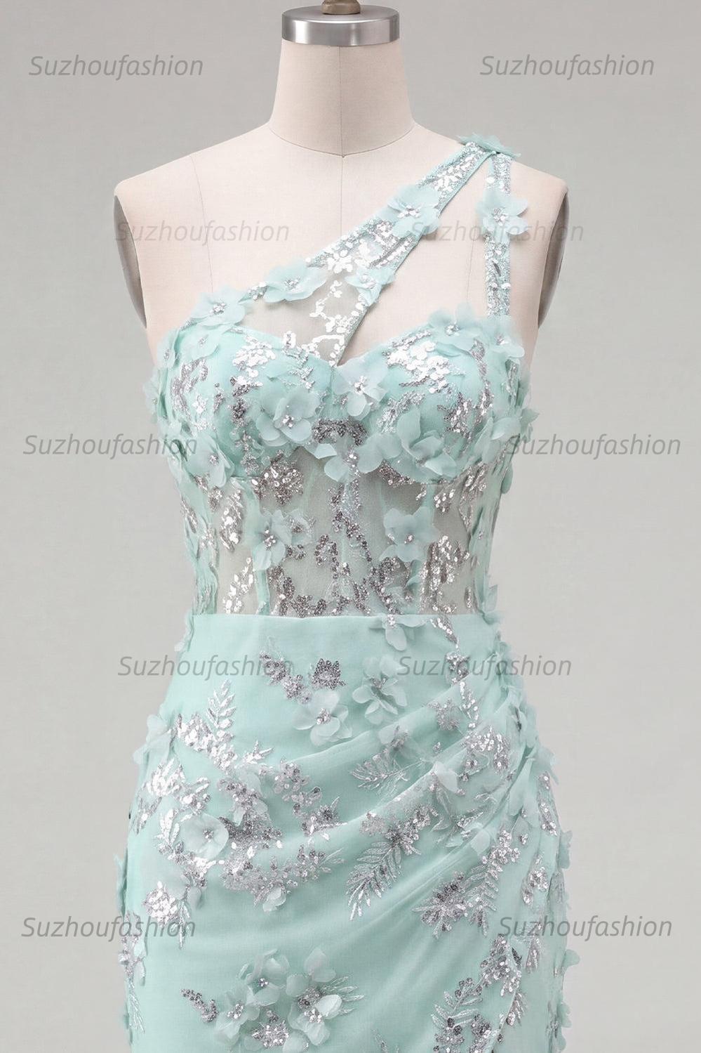 Suzhoufashion Mint Floral Beaded Keyhole Corset Tight Short Homecoming Dress with Slit