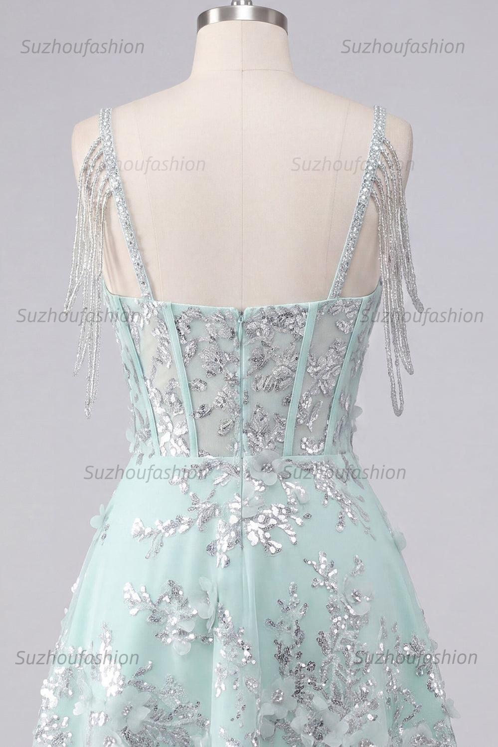 Suzhoufashion Mint Floral Cold-Shoulder Beaded A-Line Corset Short Homecoming Dress