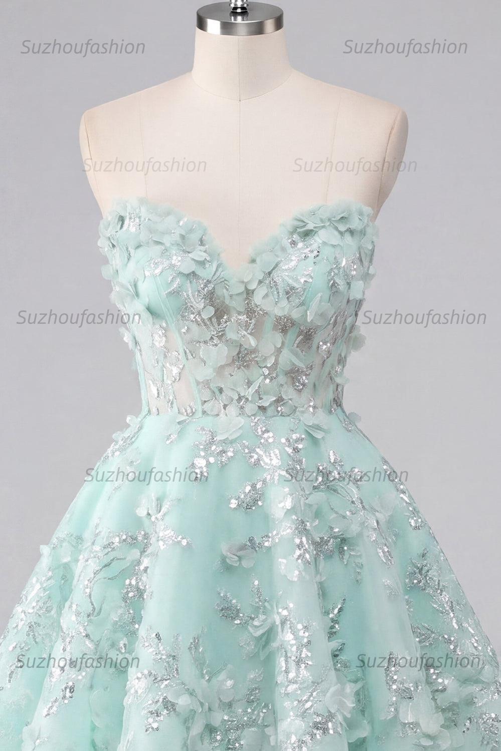 Suzhoufashion Mint Floral Sweetheart Beaded A-Line Corset Short Homecoming Dress