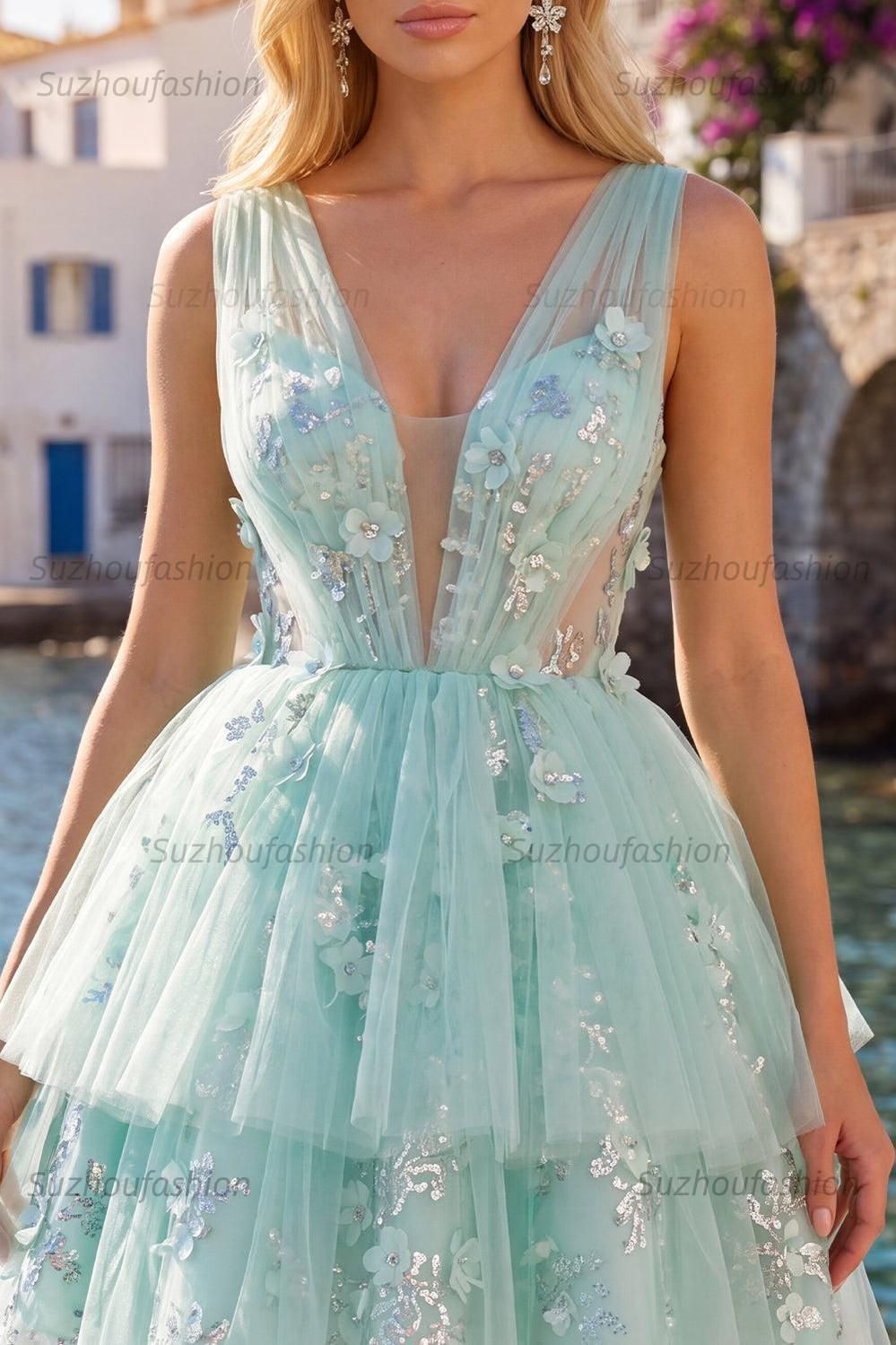 Suzhoufashion Mint Floral V-Neck Beaded A-Line Short Homecoming Dress with Ruffles