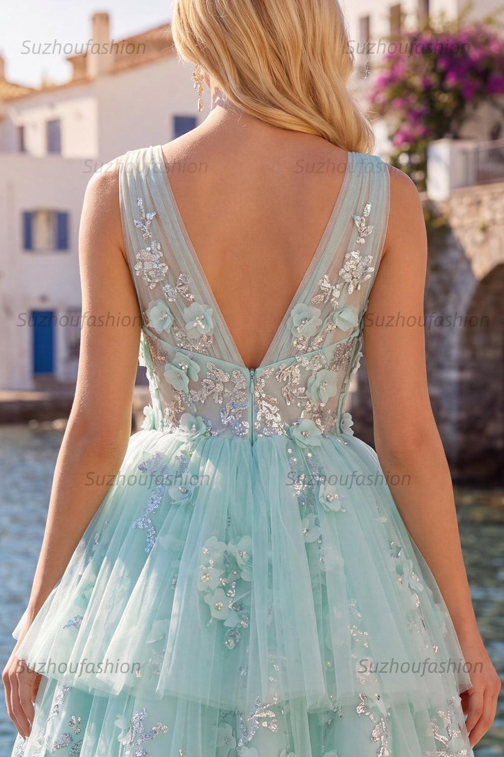 Suzhoufashion Mint Floral V-Neck Beaded A-Line Short Homecoming Dress with Ruffles